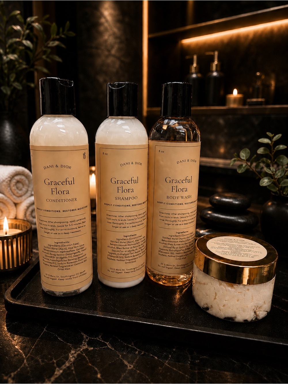 $125 Graceful Flora Shampoo conditioner, body wash, and body butter
